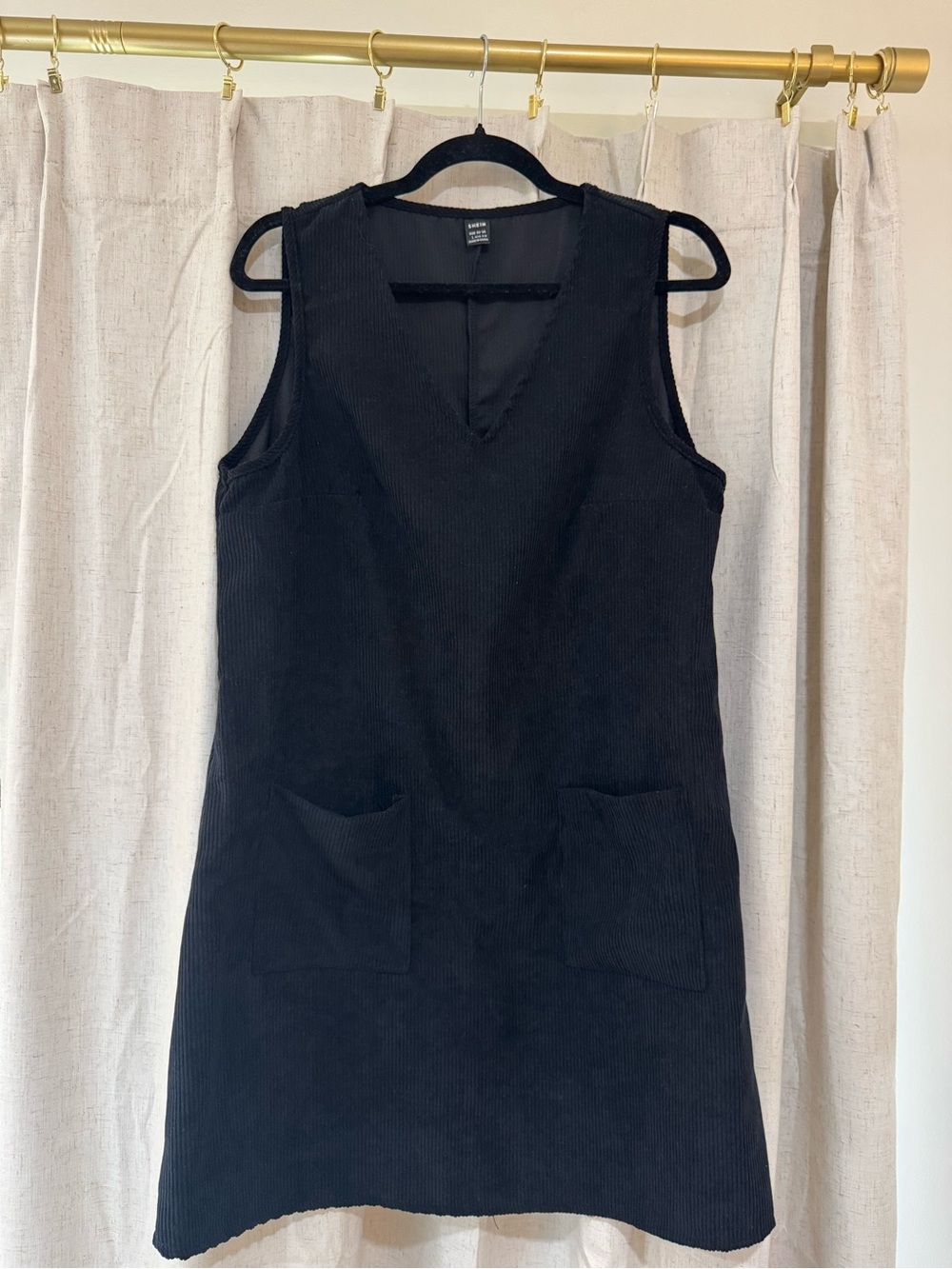 SHEIN Black Corduroy V-Neck Mini Shift Dress